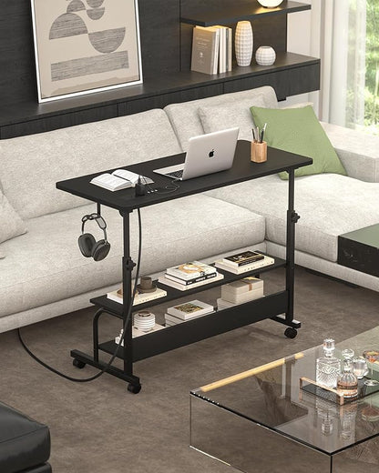 Armocity Height Adjustable Standing Desk with Power Outlets, 32" Manual Stand Up Desk with Storage Shelves Small Mobile Rolling Computer Desk Portable Laptop Table with Wheels for Home Office, Black