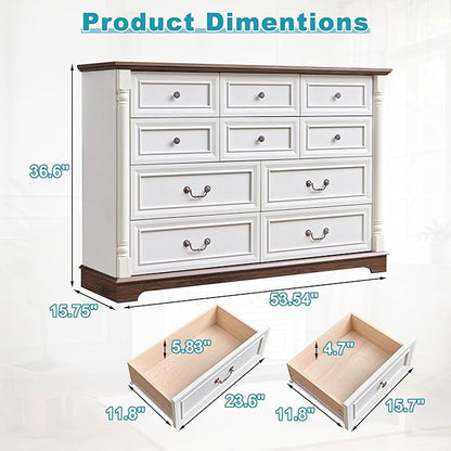 53.54" Farmhouse Sideboard Buffet Cabinet with Storage, Kitchen Buffet Storage Cabinet with 10 Drawers, Modern Wood Accent Sideboard for Living Room, Kitchen, Hallway(Antique White)