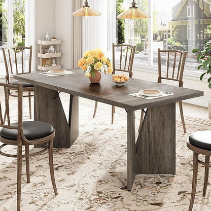 GarveeHome Dining Room Table 6, 70.9'' Rectangular Kitchen Table Dining Room Furniture with Sturdy Frame, Thickened Long Tabledesk and Dinner Desk for Party, Big Family, Flat Leg (Grey)