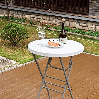 28in Cocktail Table White High Top Folding, Round Portable Bar Height Folding Table with Removable Legs, Indoor Outdoor Banquet for Parties, Commercial, Speech, School