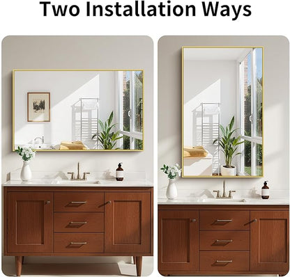 KOCUUY 30x48 Inch Large Gold Wall Mounted Mirror,Aluminum Framed Decorative Rectangular Bathroom Mirror for Wall Over Sink,Vanity Mirror for Bedroom Living Room Bathroom,Functional Oversized Mirror