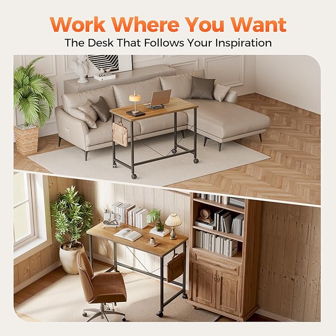 Rolling Computer Desk with Wheels, Gaming Desk for Small Spaces, Modern Simple Style Table for Home Office, Study Writing Table (Caster, Light Antique, 32 inch)