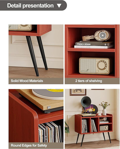 Record Player Stand with Vinyl Storage,Turntable Stand with Solid Wood Legs,Record Player Table Holds Up to 200 Albums,Vinyl Holder Storage Shelf for Bedroom Living Room,Walnut