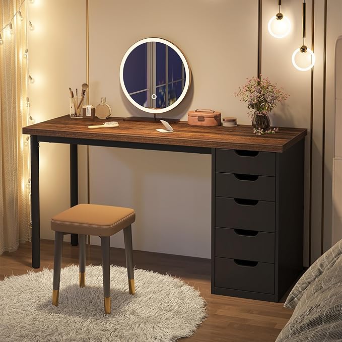 Tribesigns Computer Desk with 5 Drawers, 47 inches Rustic Brown Home Office Desk with Storage, Modern Simple Laptop Desk Study Writing Table for Small Spaces (1, Brown+Black)