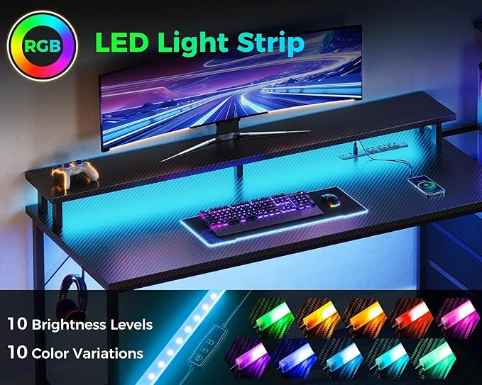 AODK 59 Inch Gaming Desk with USB Charging Ports & LED Light- Reversible Computer Desk with Storage Shelves & Monitor Stand, Modern Gamer Desk Table with Fabric Drawers & Side Hook, Carbon Fiber Black