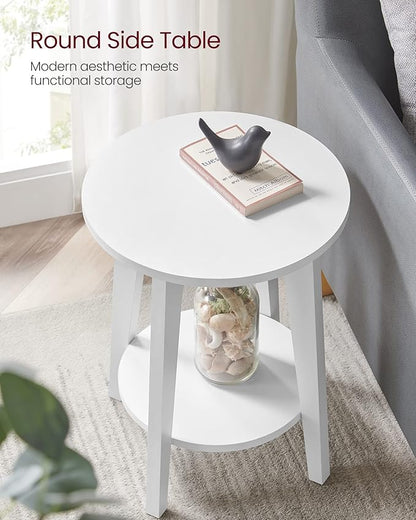 VASAGLE Side Table, Small Round End Table with Lower Shelf, Nightstand for Small Spaces, Living Room, Bedroom, White ULET283T14