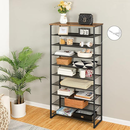 HOOBRO 10-Tier Shoe Rack, 29.5" L Shoe Storage Organizer, Large Capacity Shoe Shelf for Front Door Entrance, Entryway, Hallway, Holds 36-40 Pairs of Shoes, Closet, Rustic Brown and Black BF107XJ01