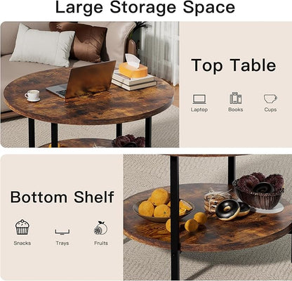 Coffee Table, 2 Tier Coffee Tables for Living Room, Round Coffee Table with Storage, Floor Table for Bedroom, Home Office, Rustic Brown (27.6" D x 17.7" H)