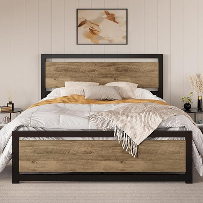 SHA CERLIN Queen Size Bed Frame with Modern Headboard, Heavy Duty Platform Metal Base with Square Footboard and 13 Strong Slats Support, No Box Spring Needed, Brown