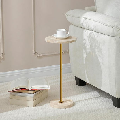 Φ9.8-inch Marble Round Drink Table, Stone Finish Pedestal End Table for Living Room, Weighted Base Small Accent Side Table for Small Space Office - Beige