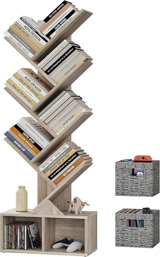 Vagusicc 6 Tier Tree Bookshelf, Small Bookcase with Storage Cabinet, Modern Tall Narrow Bookshelves Organizer, Floor Standing Book Shelf for Bedroom/Living Room/Home Office/Corner, Rustic Greige