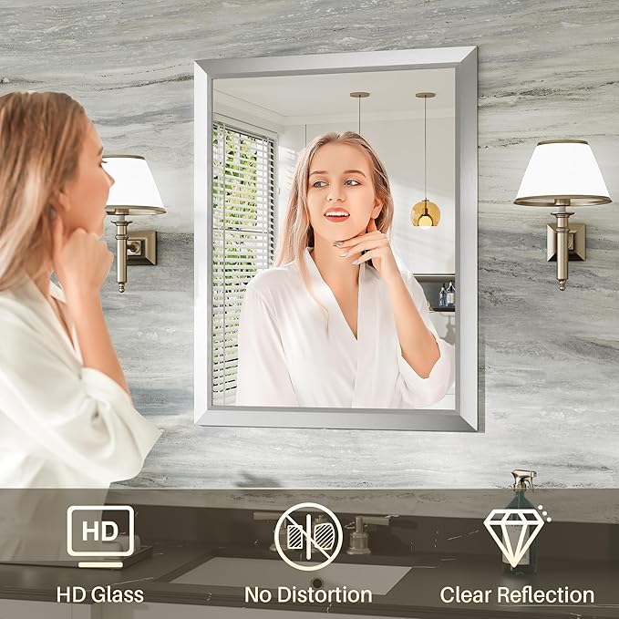 28x36 Inch Silver Bathroom Mirror for Wall, Thick Metal Framed Rectangle Mirrors for Over Sink, Bedroom, Living Room, Entryway, Anti-Rust, HD Tempered Glass
