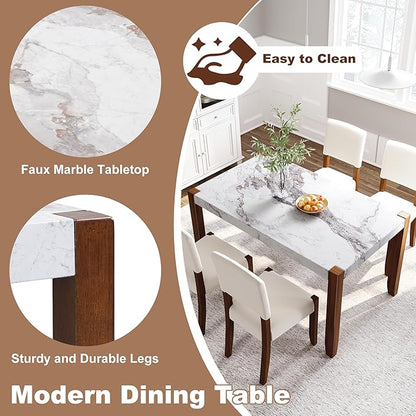 Ball & Cast 5 Piece Dining Table Set with 4 Upholstered Chairs,Wooden Living Room Furniture W/ 46" Faux Marble Style Desk,for Restaurant,Home Bistro,Off White