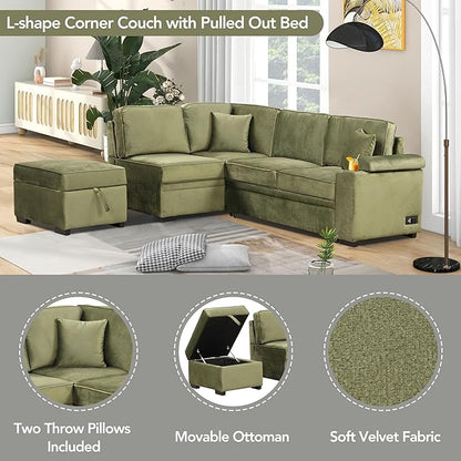 Ball & Cast Sleeper Sofa Bed L Shaped Couch with Storage Ottoman,Pull-Out Sectional Sofa Couch w/Cup Holder and Charging Stations,for Living Room and Small Apartment,Green