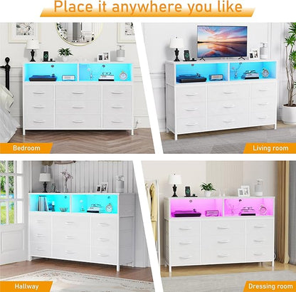 White Dresser for Bedroom, Led Dresser TV Stand with Power Outlets and LED Lights, Long Fabric Dressers Wide Chest of Drawers with Large Organizer for Living Room, Entryway, Hallway,White