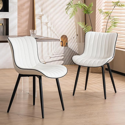 YOUNUOKE Mid-Century Modern Dining Chairs Set of 2, White PU Leather Upholstered Kitchen Chairs with Black Metal Legs, Armless Accent Chair for Dining Room, Guest Reception Room