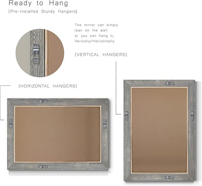 Gray Rustic Mirror Rectangular Barnwood Framed Wall Mirror for Home Decor, Vertical or Horizontal Hanging, 41x29