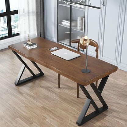 Solid Wood Desk 55 inches Wide Home Office Desk,Metal Modern Industrial Writing Table, Workstation, Perfect Table for Your workspace Study Table Furniture in Rustic Natural Aged Brown