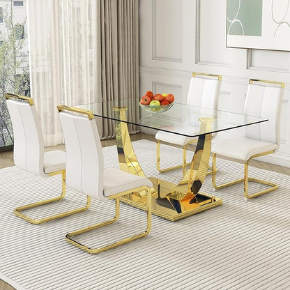 Modern Dining Chairs Set of 4,High Back White Kitchen Chairs,Faux Leather Side Chair with Gold Plated Metal Legs,Easy to Clean Upholstered Dining Chairs,Ideal for Living Room(Gold Leg)