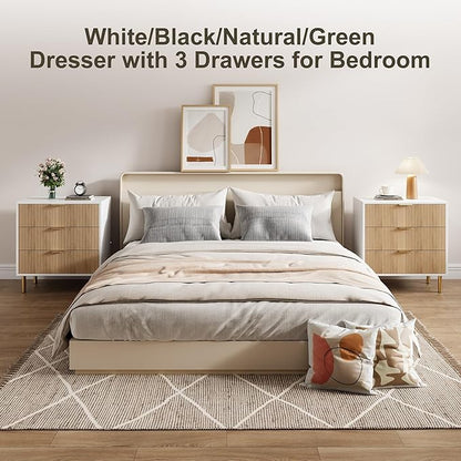 GarveeHome Natural Dresser, Modern 3 Drawer Dresser for Bedroom with Gold Handle and Large Drawer, Wood Double Chest of Drawers and Storage Organizer for Living Room, Hallway, Entryway