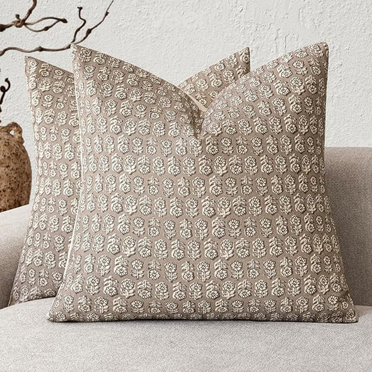 Foindtower Set of 2 Decorative Vintage Floral Print Throw Pillow Covers Neutral Modern Farmhouse Cushion Covers Boho Home Decor for Sofa Couch Chair Bedroom Living Room Outdoor,22×22 Inch,Tan Taupe