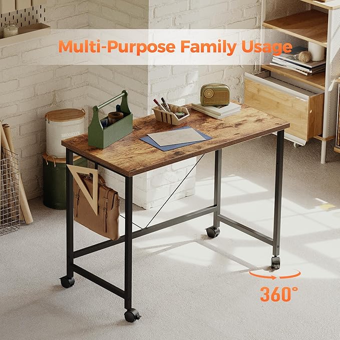 Rolling Computer Desk with Wheels, Gaming Desk for Small Spaces, Modern Simple Style Table for Home Office, Study Writing Table (Caster, Rustic Brown, 24 inch)