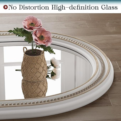 Boho Oval Mirror, 24" x 36" Farmhouse Antique Oval Bathroom Mirrors, Wooden Rustic Decorative Mirror with Beaded for Wall, Bedroom, Dining Room, Hallway, Vertical or Horizontal Hanging