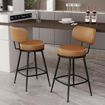 Counter Height Bar Stools, 26" H Swivel Barstools Set of 2, Faux Leather Kitchen Counter Stools with Back and Stylish Stitching, Metal Frame, Pub, Home Bar, Whisky Brown