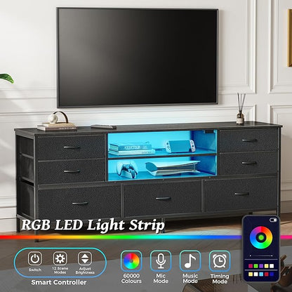 Huuger Dresser for Bedroom With Power Outlets and LED Lights, 7 Drawers TV Stand for 60 Inch TV, Console With Open Shelf, 55 Inches Wide Black, PU Leather