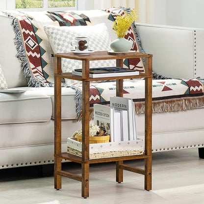28in Tall Side Table Set of 2, 3-Tier Small Narrow End Table for Couch, Skinny Nightstand for Small Space, Farmhouse Slim Night Stand with Storage, Wooden Frame Thin Bedside Table, Brown