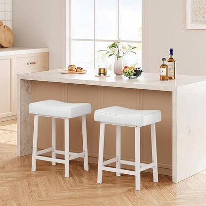 GarveeHome Counter Height Bar Stools Set of 2, 24 Inch Barstools for Kitchen Island Counter, Upholstered Padded Saddle Chairs with Curved Cushion, Easy Assembly, White