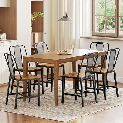 Dining Chairs Set of 6, Wooden Kitchen Chairs, Farmhouse Dining Chairs with Back Support, for Living Room, Kitchen, Rustic Brown and Black CY01L6BR