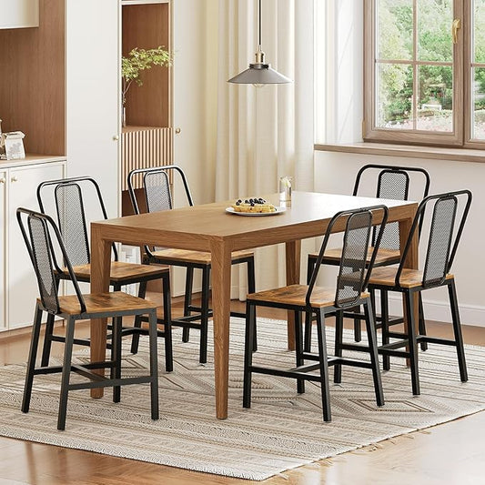 Dining Chairs Set of 6, Wooden Kitchen Chairs, Farmhouse Dining Chairs with Back Support, for Living Room, Kitchen, Rustic Brown and Black CY01L6BR