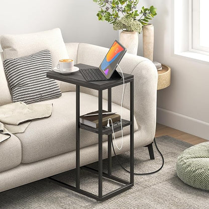 Yoobure C Shaped End Table with Charging Station for Living Room, Bedroom, Sofa Table with USB Ports and Outlets for Small Spaces, C Couch Rustic Snack Bed Table, Charcoal Gray