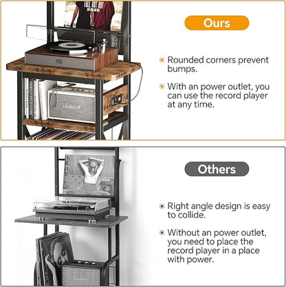 Record Player Stand with Power Outlet, 6 Tier Vinyl Record Display Shelf, Record Player Table with album storage up to 200 Albums, Console Organizer Display Shelf, Gifts for Music Lovers