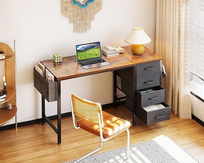 Casaottima 40-Inch Small Desk with 4 Fabric Drawers, Compact Study Desk for Students and Kids, Space-Saving Work Table for Bedroom or Small Spaces, Vintage