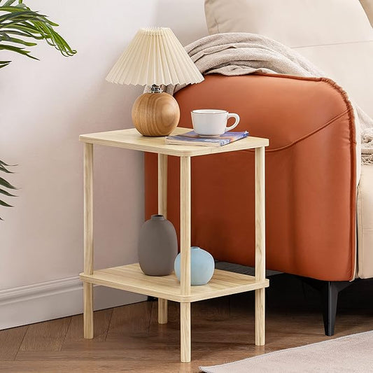 Apicizon 2 Tier End Table Set of 2, Small Side Table with Solid Wood Legs, Boho Bedside Table with Storage Shelf, Nightstand for Small Spaces, Bedroom, Living Room, Entryway, Light Natural