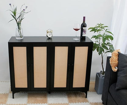Buffet Sideboard, Side Storage Cabinet, entryway Cabinet, Buffet Sideboard with Rattan, Featuring 4 Doors and Adjustable Shelves, Suitable for Living Room (Black)