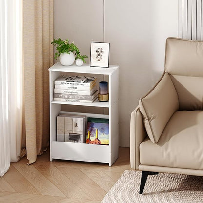 3-Tier Narrow End Table, Small Stand Shelf Narrow White Side Table with Storage Shelf, Small Bookshelf Bedside Table for Bedroom, Living Room, Office, Bathroom
