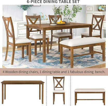 SogesPower 6-Piece Kitchen Dining Table Set for 4-6,Rectangular Dining Table with 4 Fabric Chairs & 1 Bench for Dining Room Living Room,Natural Cherry