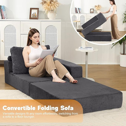 MeMoreCool Convertible Sofa Bed Foldable Boneless Couch, Folding Sleeper Chair Bed with L-Shaped Armrest, Comfy Floor Lounge Couch for Adults, Fold Out Single Sofa Chair Futon for Indoor Bedroom