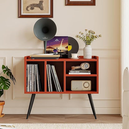 Record Player Stand with Vinyl Storage,Turntable Stand with Solid Wood Legs,Record Player Table Holds Up to 200 Albums,Vinyl Holder Storage Shelf for Bedroom Living Room,Walnut