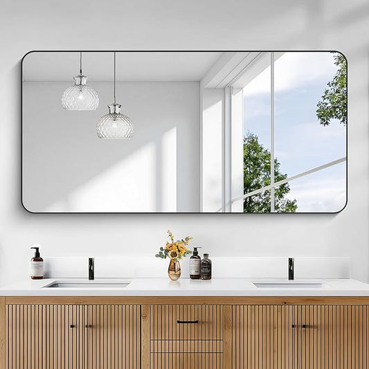 KOCUUY 60"x30" Large Rectangle Vanity Mirror, Black Metal Frame Mirror with Rounded Corner, Modern Design of Upgraded Shatterproof Glass for Bathroom, Bedroom, Living Room, Entryway