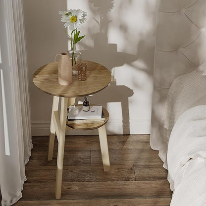 ChooChoo Round End Table for Small Spaces, Narrow Side Table, Accent Table Night Stand with 2 Tier Shelf for Bedroom and Living Room, Natural