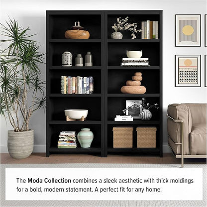 Prepac Moda 5-Tier Tall Wooden Bookcase, Black Storage Cabinet, Display Cabinet, Bookshelf with Storage Shelves 31.75" W x 80" H x 12" D for Home Office, Living Room, Bedroom Organizer