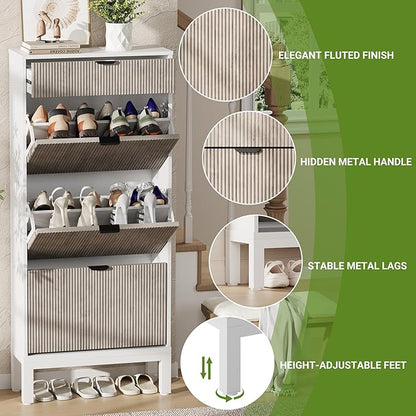 GarveeHome Shoe Cabinet with 3 Flip Doors & 1 Drawer, Entrance Wooden Shoe Rack with Iron Legs, Slim Shoe Storage Cabinet, Modern Fluted Shoe Organizer for Entryway Hallway, White+Grey