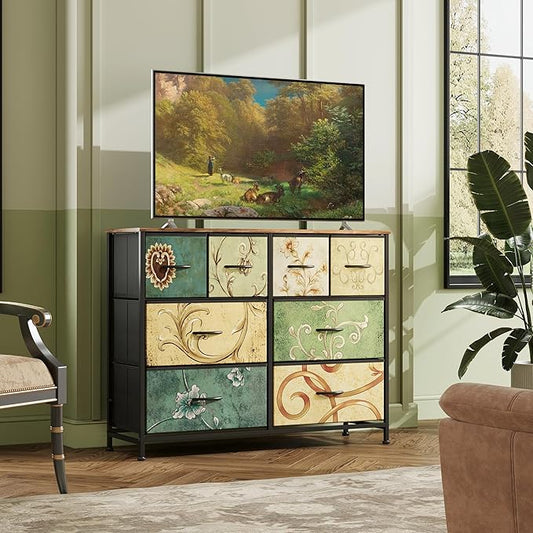 WLIVE 8 Drawer Dresser for Bedroom, Wide Fabric Dresser Storage Organizer, Chest of Drawers with Wood Top, Sturdy Steel Frame, Dressers for Living Room, Closet, Hallway, Floral Painted