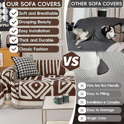 STACYPIK Sofa Covers Decorative, Boho Couch Cover for Sectional, Chocolate Sofa Protector for 3 Cushion Couch, Multi-Use Sofa Cover for Dogs with Tassles, Washable Sofa Slipcover for Loveseat-71X134IN