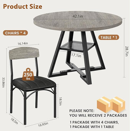 Round Dining Table Set for 4, Kitchen Table and Chairs for 4, Circle Table Round Pedestal Dining Room Dinner Dinette Table Set,5 Piece Space Saving Wood Kitchen & Dining Room Tables (Grey, 47In)