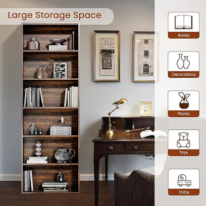 71" Tall Bookcase, 6-Tier Open Display Storage Shelves, Floor Standing Large Book Shelf for Living Room, Home Office, Bed Room, Brown